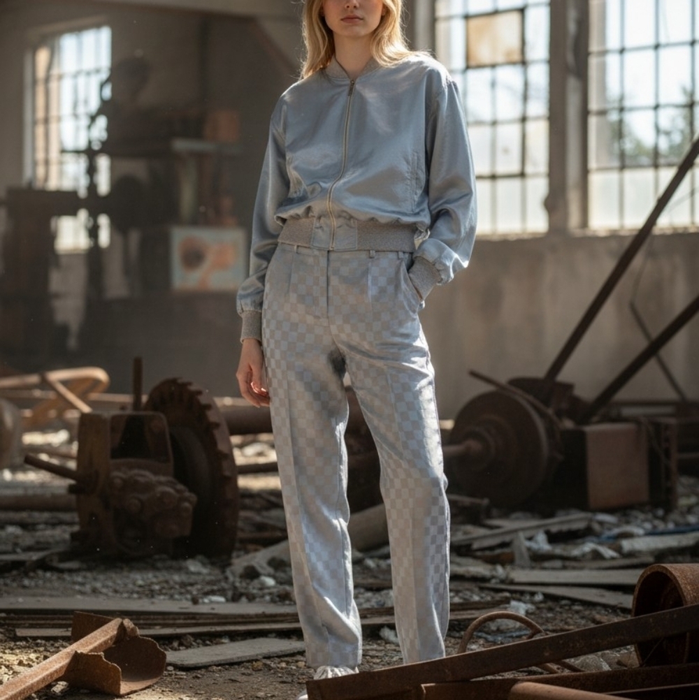 VTG Blue Silver Rose Gold Bomber Jacket and Pants Set 80s Retro Sport Leisure